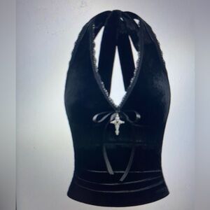 ROMWE Black Halter blouse with Bow Accent Size S